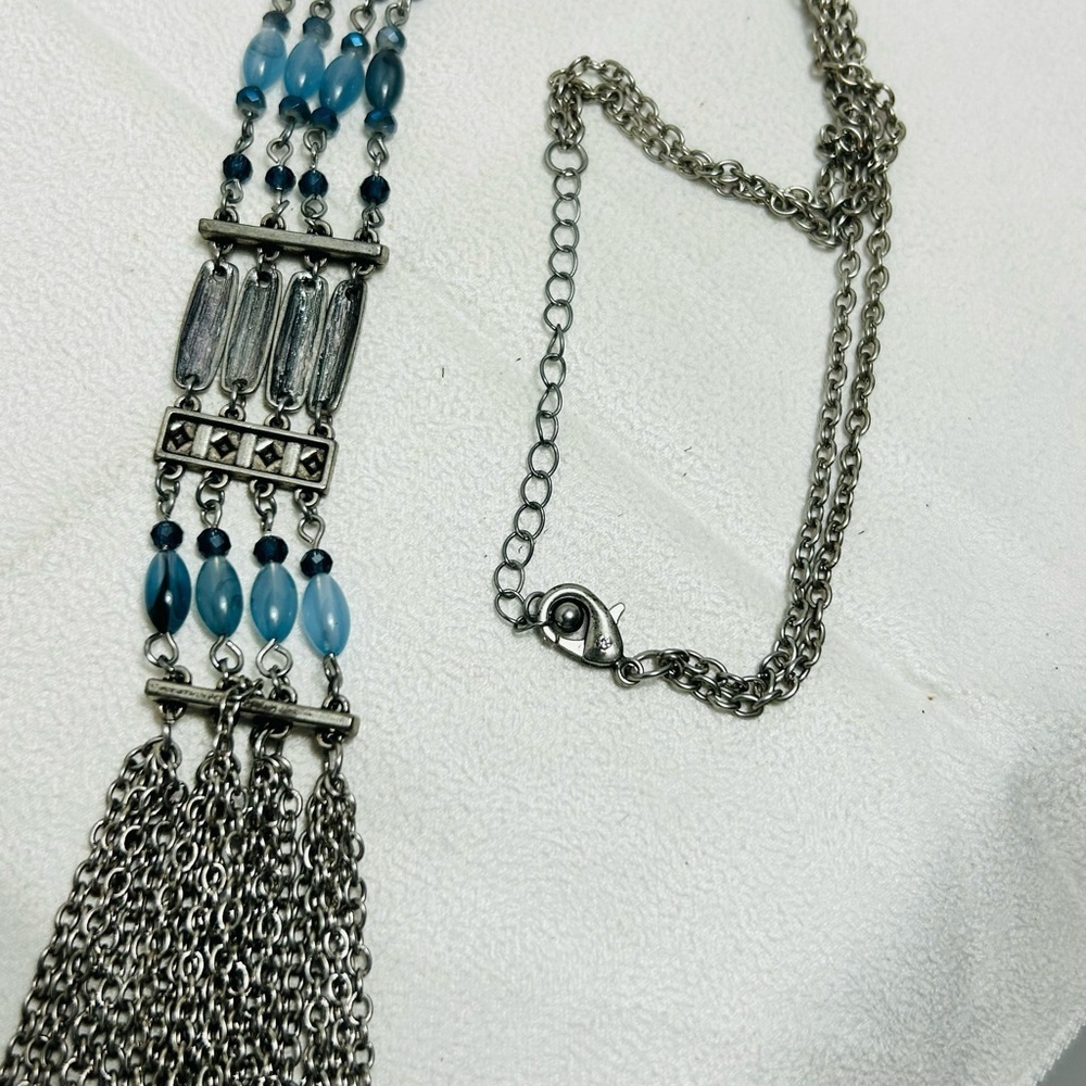 Long Silver and Blue Tassel Necklace Beaded Double Strand Oval Link Unsigned - Picture 8 of 11